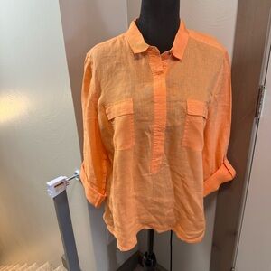 Chico's 100% Linen Popover Blouse Collared Apricot Orange Long Sleeve‎ Button L